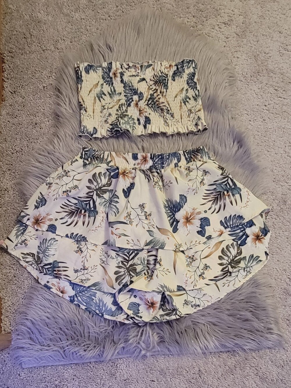 Floral Ruffle Mini Skort in Cream With Matching Crop Top Size: M